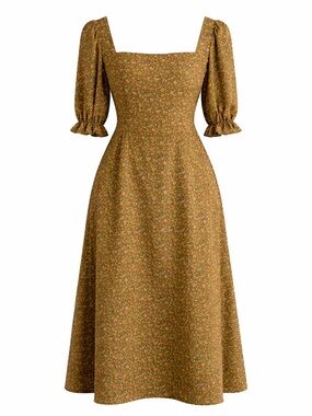 Olive Micro-Flower Square-Neck Midi Dress